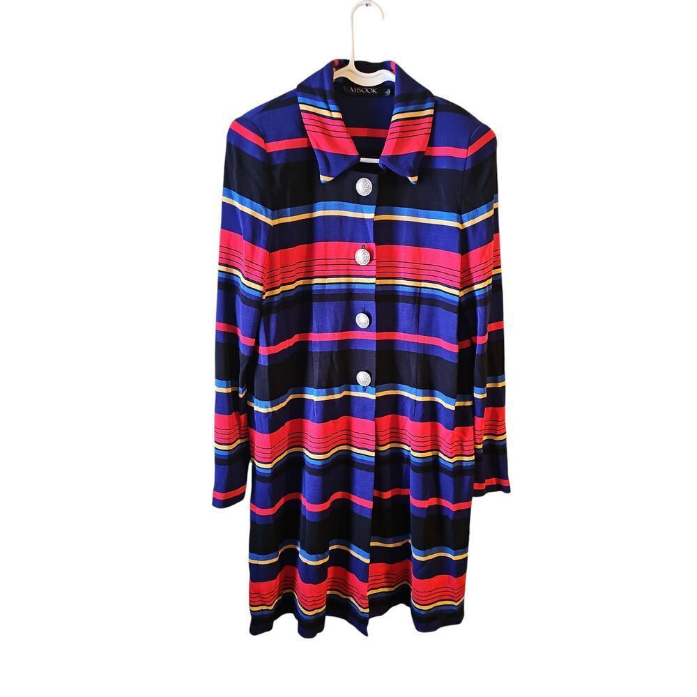Misook cardigan blazer jacket sz large long duster blue red yellow black